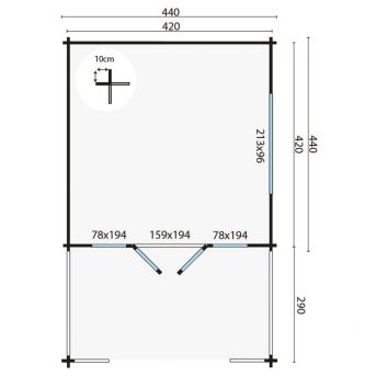 Grundriss Gartenhaus Leeds 58mm 440x440+290cm Terrasse