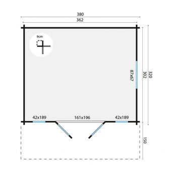 Grundriss Gartenhaus Inglund 44mm 380x320+150cm Vordach