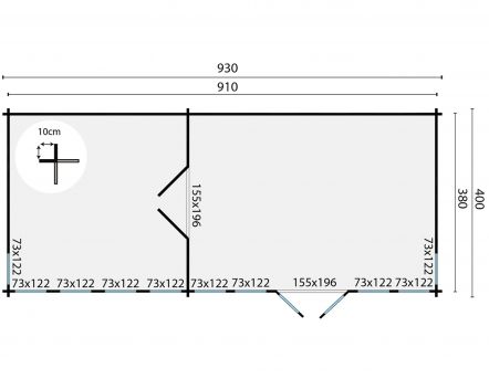 Grundriss Gartenhaus Big Lauren 70mm 930x400cm