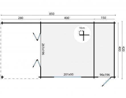 Grundriss Gartenhaus Sibella 44mm 850x420cm