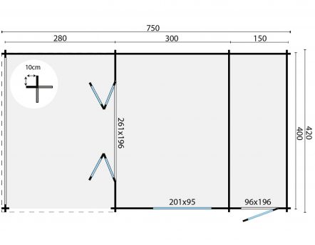 Grundriss Gartenhaus Viveka 44mm 750x420cm