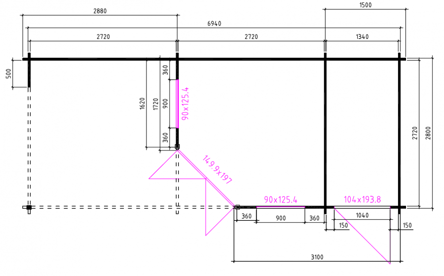 Grundriss Aussen 5 Eck Gartenhaus Sandra 40mm 714x300cm mit Anbau