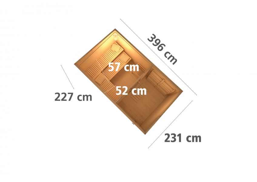 Karibu Massivholzsauna Saunahaus Skrollan 3 mit Vorraum | 393x231 cm | Wandstärke 38mm