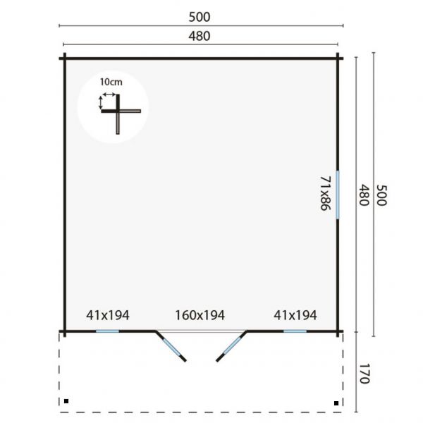 Grundriss Gartenhaus Emiel 44mm 500x500+170cm Vordach