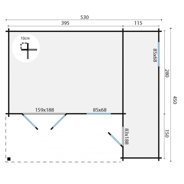 Grundriss Gartenhaus Wolfgang 44mm 530x450cm