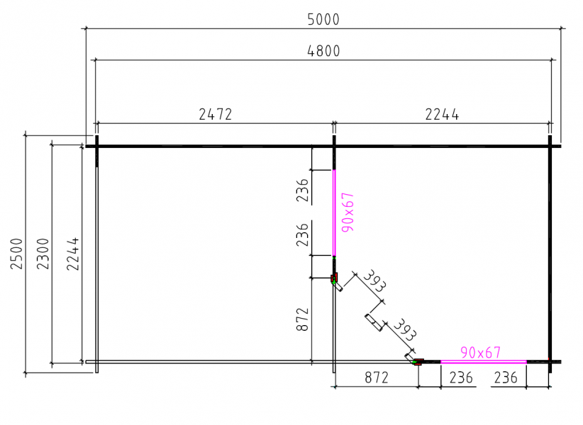 Grundriss 5 Eck Gartenhaus Piet 28mm 500x250cm