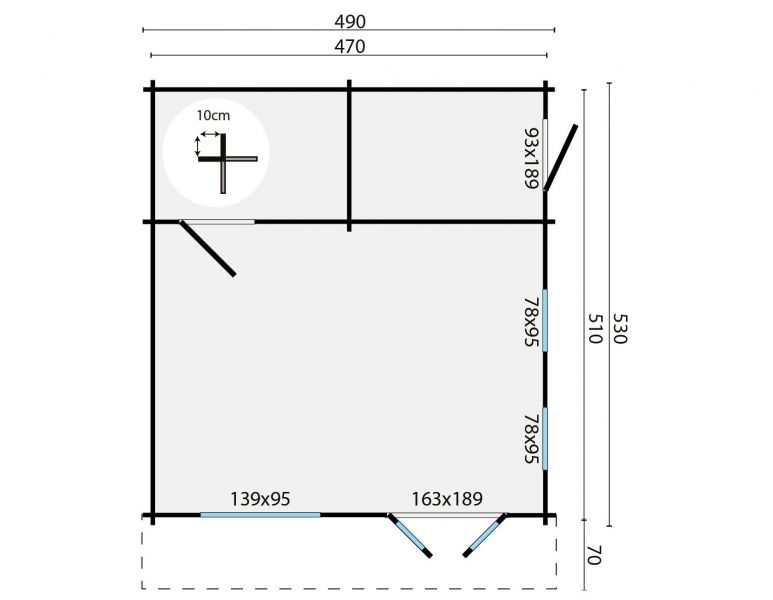 Grundriss Gartenhaus Blockhaus Berlin 44mm 490x600cm