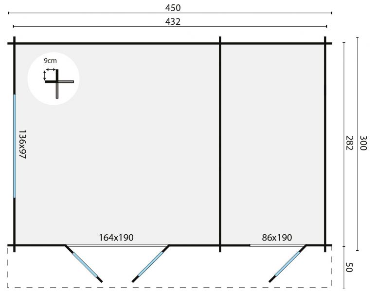 Grundriss Gartenhaus Fraga 34mm 450x300 + 50cm Vordach