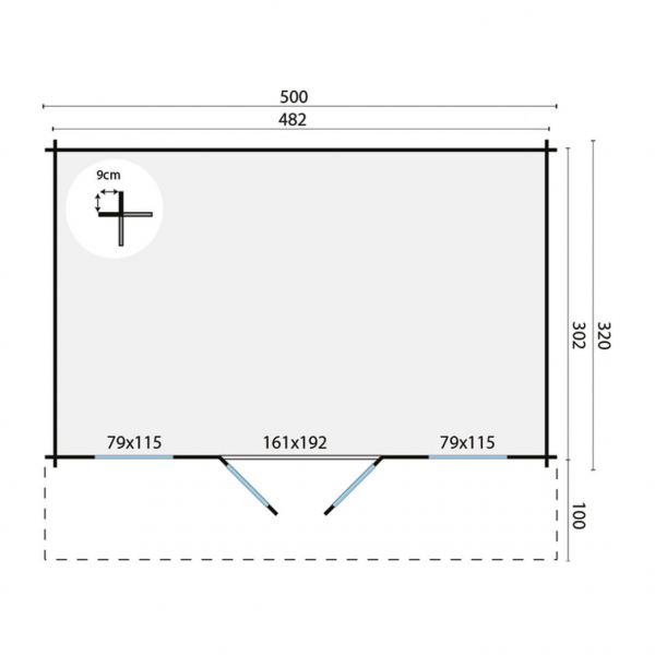 Grundriss Gartenhaus Skyler 28mm 500x320 + 100cm Vordach