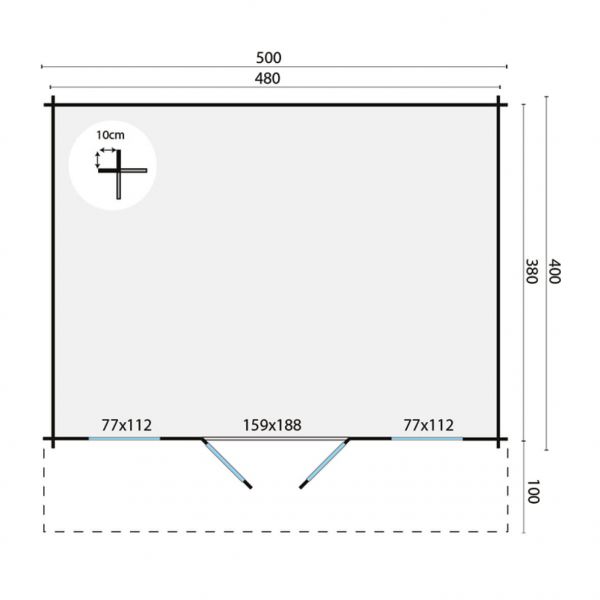 Grundriss Gartenhaus Viggo 28mm 500x400+100cm Vordach