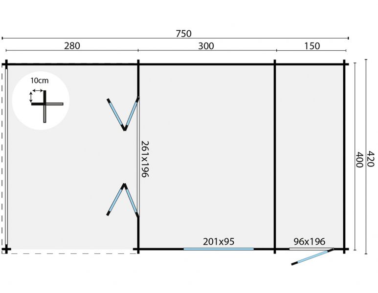 Grundriss Gartenhaus Viveka 44mm 750x420cm