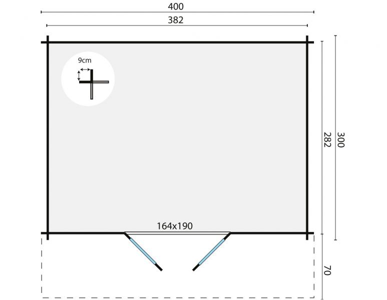 Grundriss Gerätehaus Gartenhaus Murcia 34mm 400x300 + 70cm Vordach